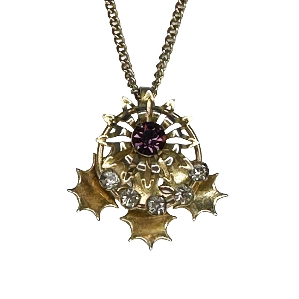 VINTAGE Art Deco Style Starburst Pendant Necklace • amethyst, gold tone